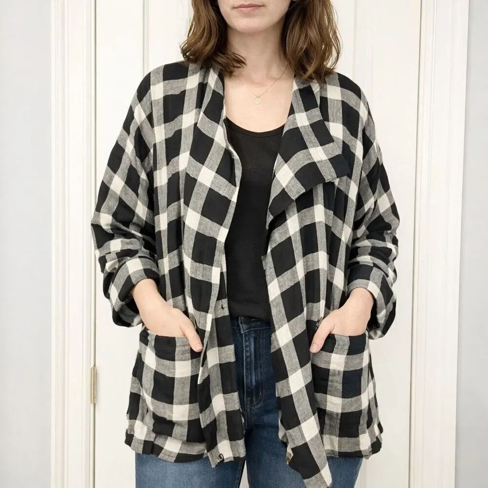 Eskandar 100% Linen Jacket Cardigan Plaid Size 1 or US 10-12